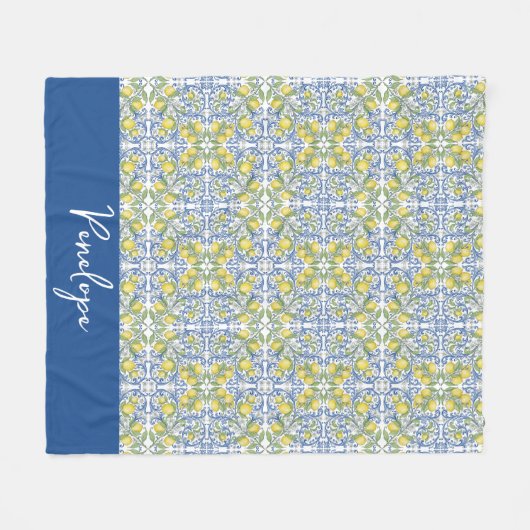 Lemon Citrus Blue Mediterranean Tile Pattern Fleecedecke (Vorderseite (Horizontal))