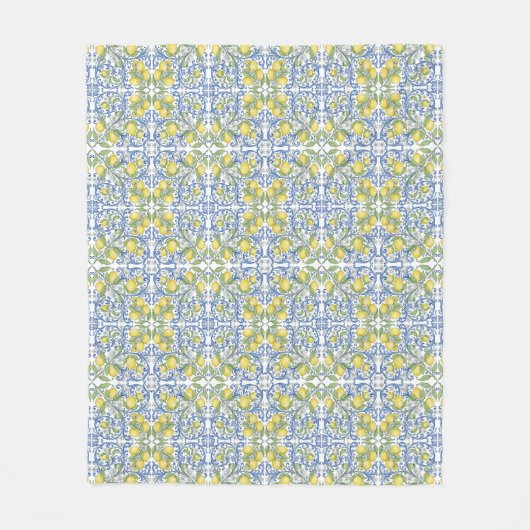 Lemon Citrus Blue Mediterranean Tile Pattern Fleecedecke (Vorderseite)