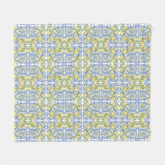 Lemon Citrus Blue Mediterranean Tile Pattern Fleecedecke (Vorderseite (Horizontal))