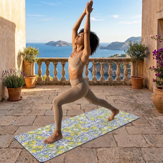 Lemon Citrus Blue Mediterranean Tile Pattern Yogamatte