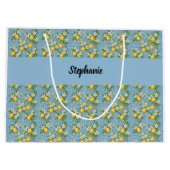 Lemon Citrus Blue Tile Pattern Monogram Name Große Geschenktüte (Rückseite)