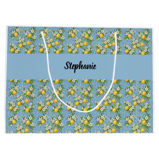Lemon Citrus Blue Tile Pattern Monogram Name Große Geschenktüte (Rückseite)
