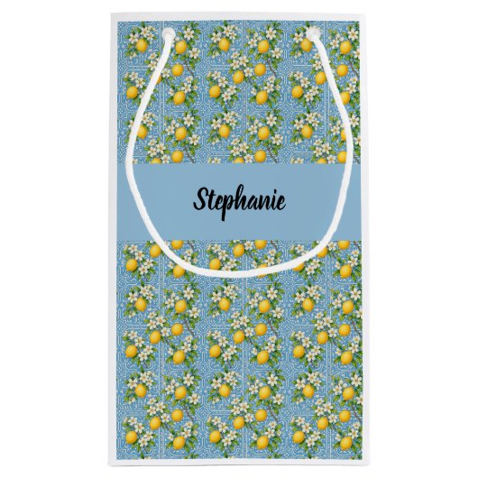 Lemon Citrus Blue Tile Pattern Monogram Name Kleine Geschenktüte (Rückseite)