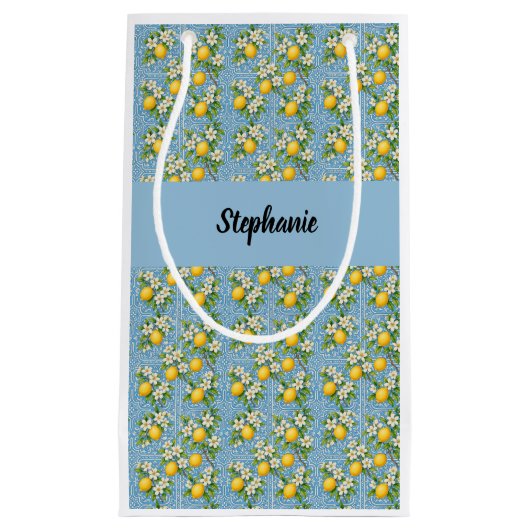 Lemon Citrus Blue Tile Pattern Monogram Name Kleine Geschenktüte (Vorderseite)