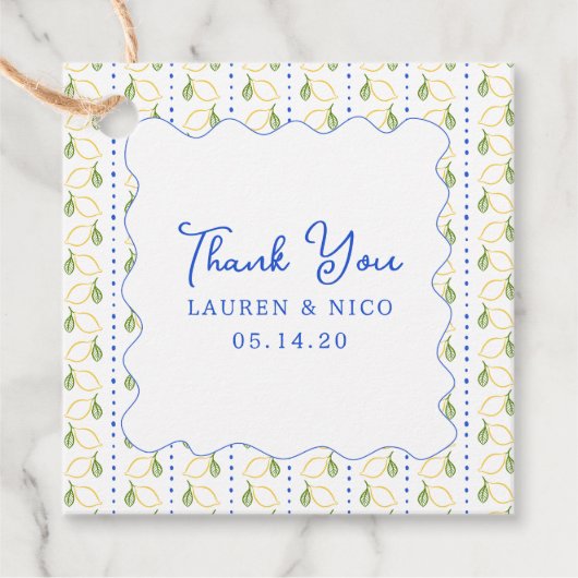 Lemon Citrus Blue & Yellow Wedding Vielen Dank Geschenkanhänger (Vorderseite)