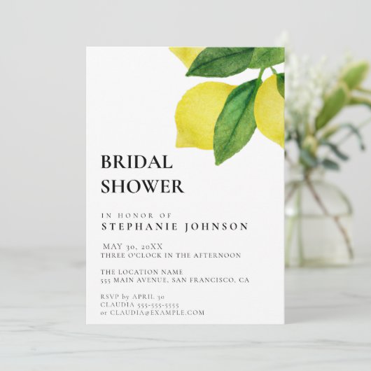 Lemon Citrus Branch Greenerity Brautparty Einladung (Stehend Vorderseite)