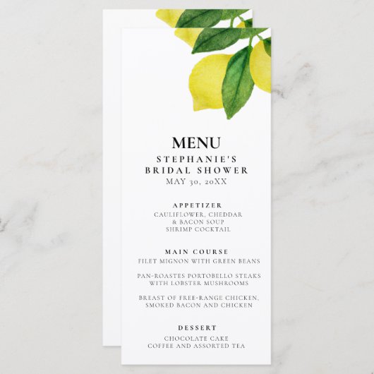 Lemon Citrus Branch Greenerity Brautparty Menükarte (Vorne/Hinten)