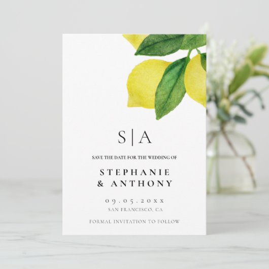 Lemon Citrus Branch Greenerity Wedding Save The Date (Stehend Vorderseite)