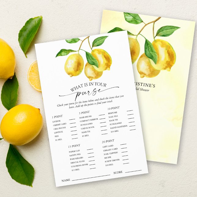 Lemon Citrus Brautparty Purse Game (This "What is in you purse" bridal shower game is both entertaining and stylish with citrus lemons.)