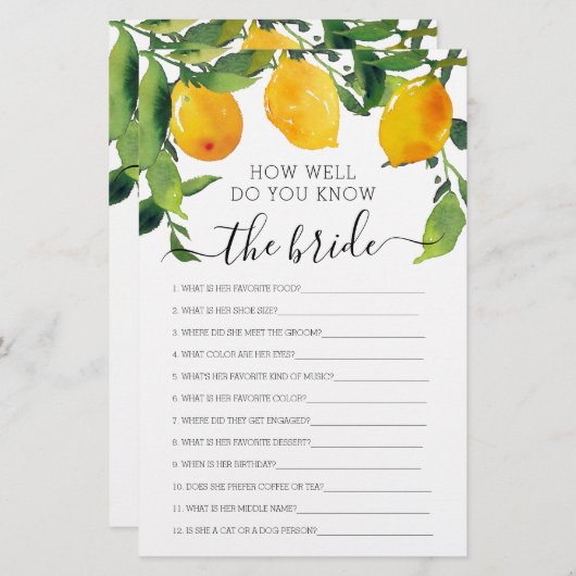 Lemon Citrus Doppelseitiges Brautparty Games (Vorne/Hinten)