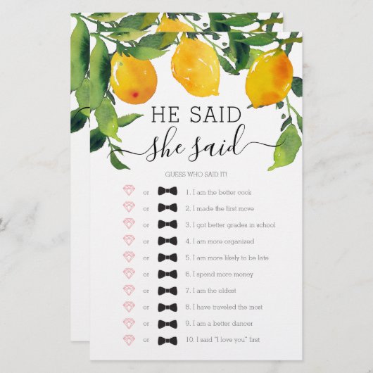 Lemon Citrus Doppelseitiges Brautparty Games (Vorne/Hinten)