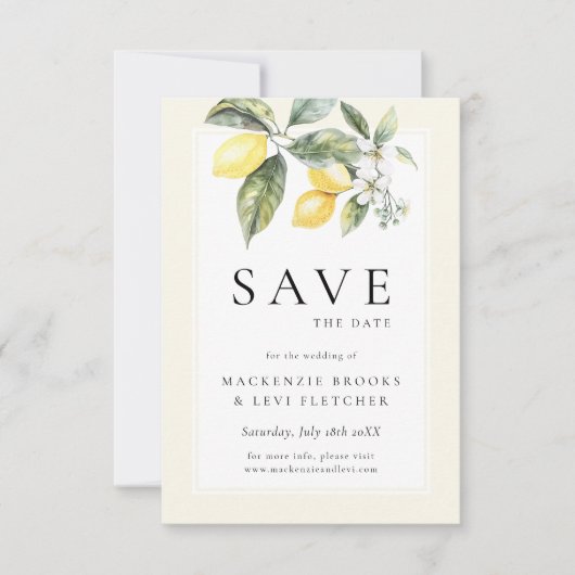 Lemon Citrus Elegante Mediterrane Hochzeit Save The Date (Vorderseite)