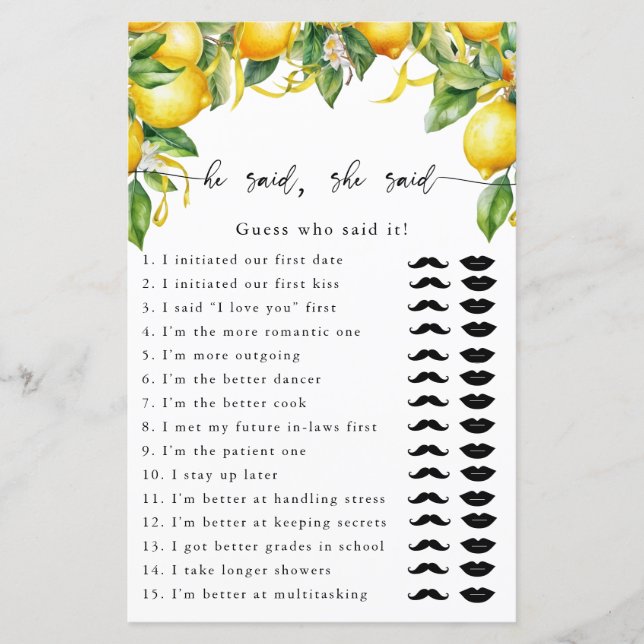 Lemon Citrus Er sagte, sie sagte, Spiel (Vorderseite)
