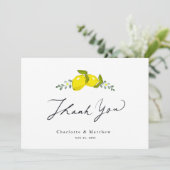 Lemon Citrus Floral Caligraphy Hochzeit Dankeskarte (Stehend Vorderseite)