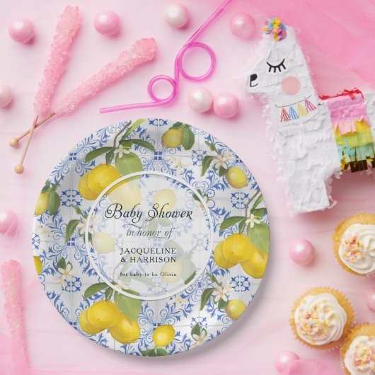 Lemon Citrus Floral Foliage Blue White Baby Dusche Pappteller (Party)