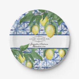 Lemon Citrus Floral Foliage Blue White Baby Dusche Pappteller