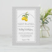 Lemon Citrus Floral Grau gelbe weiße Hochzeit Einladung (Stehend Vorderseite)