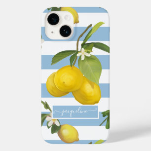 Lemon Citrus Floral Greenery Blau Weiß Streifen Case-Mate iPhone 14 Hülle