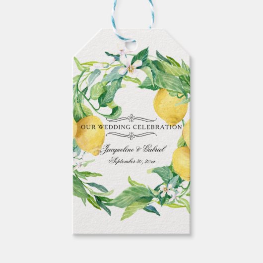 Lemon Citrus Floral Greenery Leaf Wreath Wedding Geschenkanhänger (Vorderseite)