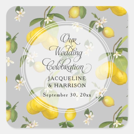 Lemon Citrus Floral Greenery Yellow n Gray Wedding Quadratischer Aufkleber (Vorderseite)