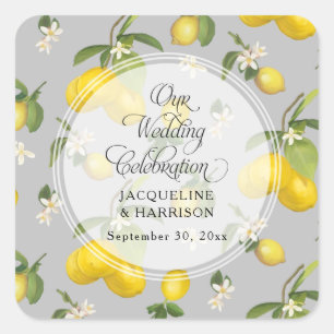 Lemon Citrus Floral Greenery Yellow n Gray Wedding Quadratischer Aufkleber