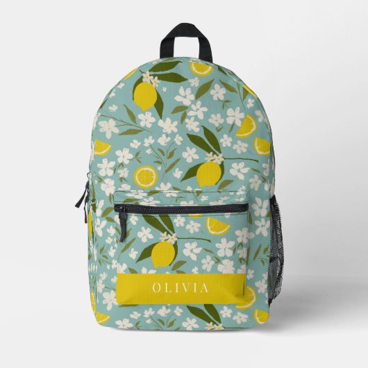 Lemon Citrus Floral Muster Sky Blue Bedruckter Rucksack (Vorderseite)
