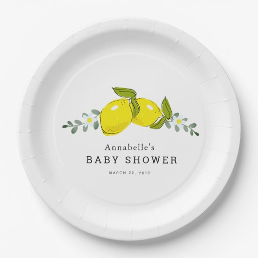 Lemon Citrus Floral White Baby Dusche Papierplatte Pappteller (Vorderseite)