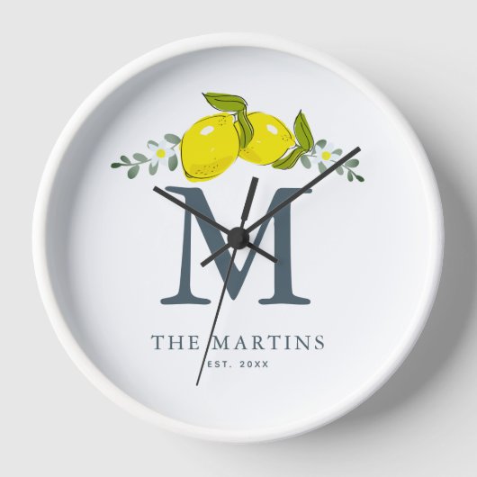 Lemon Citrus Floral White Monogram Uhr (Vorderseite)