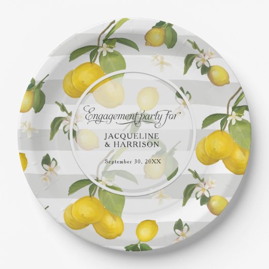 Lemon Citrus Floral White Strip Engagement Party Pappteller (Vorderseite)