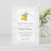 Lemon Citrus Floral Yellow White Grey Wood Wedding Einladung (Stehend Vorderseite)