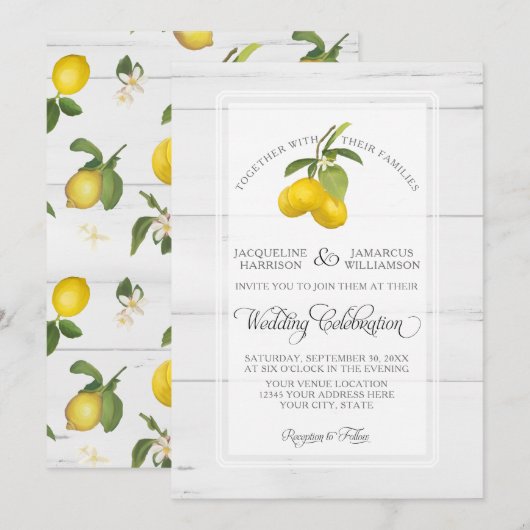 Lemon Citrus Floral Yellow White Grey Wood Wedding Einladung (Vorne/Hinten)