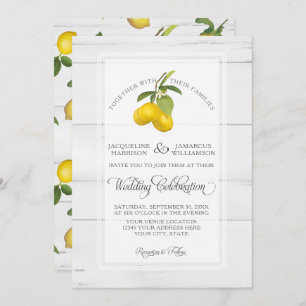 Lemon Citrus Floral Yellow White Grey Wood Wedding Einladung