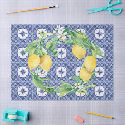 Lemon Citrus Foliage Farmhouse Navy Blue in White Seidenpapier (Basteln)