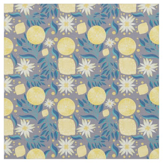 Lemon Citrus Gray Floral Stoff (Nahaufnahme)
