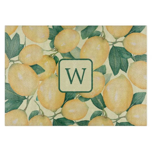 Lemon Citrus Greenery Mit Monogramm Schneidebrett (Vorderseite)