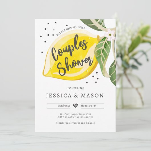 Lemon Citrus Greenery Sommer Paare Dusche Einladung (Stehend Vorderseite)