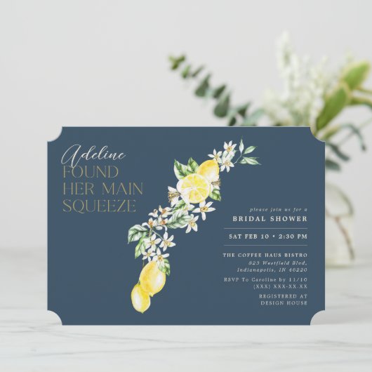 Lemon Citrus Main Squeeze Blue Brautparty Einladung (Stehend Vorderseite)