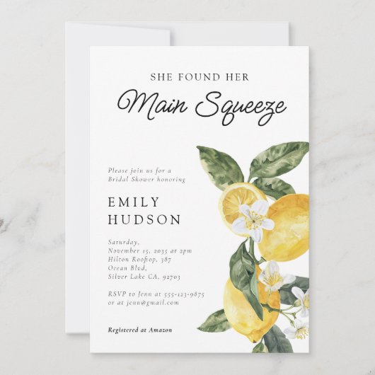 Lemon Citrus Main Squeeze Brautparty Einladung (Vorderseite)