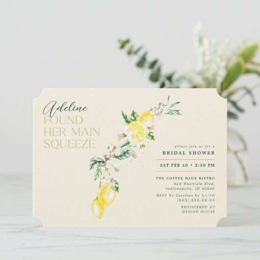 Lemon Citrus Main Squeeze Yellow Brautparty Einladung (Stehend Vorderseite)