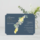 Lemon Citrus Mama's Haupt Squeeze Blue Baby Dusche Einladung (Stehend Vorderseite)