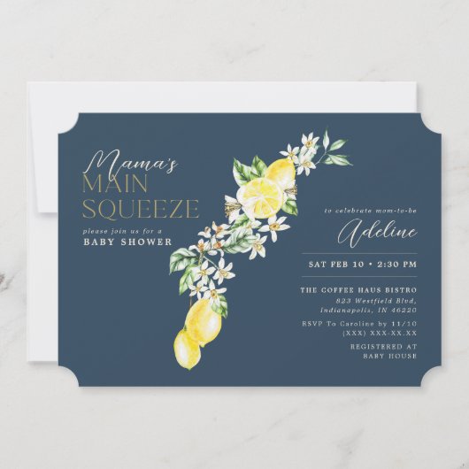 Lemon Citrus Mama's Haupt Squeeze Blue Baby Dusche Einladung (Vorderseite)