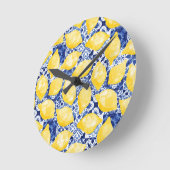 Lemon Citrus Mediterranean Blue White Tile Pattern Runde Wanduhr (Winkel)