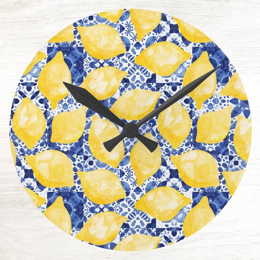 Lemon Citrus Mediterranean Blue White Tile Pattern Runde Wanduhr