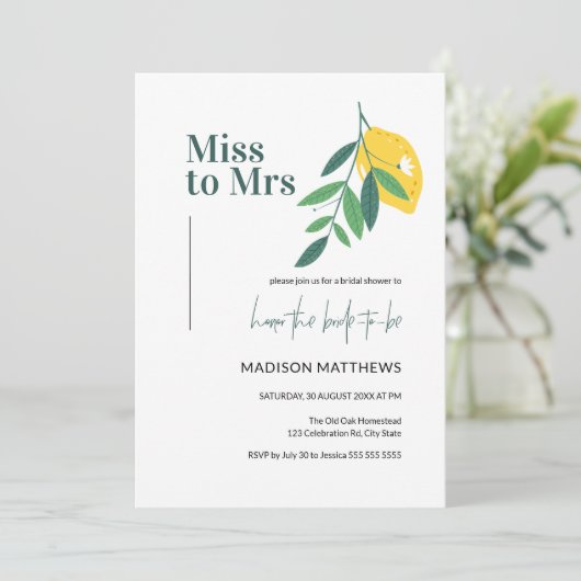 Lemon Citrus Miss zu Mrs. Summer Brautparty Einladung (Stehend Vorderseite)