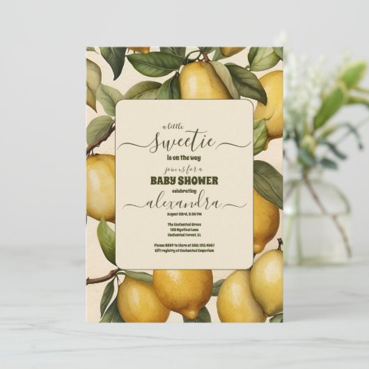 Lemon Citrus Mittelmeer Botanical Baby Dusche Einladung (Stehend Vorderseite)