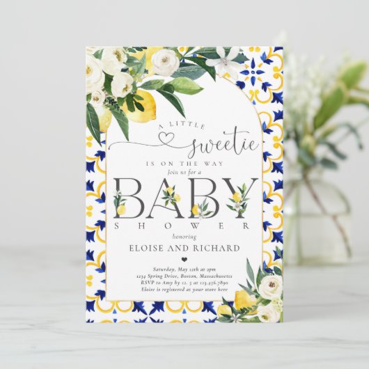 Lemon Citrus Mittelmeer Botanical Baby Dusche Einladung (Stehend Vorderseite)