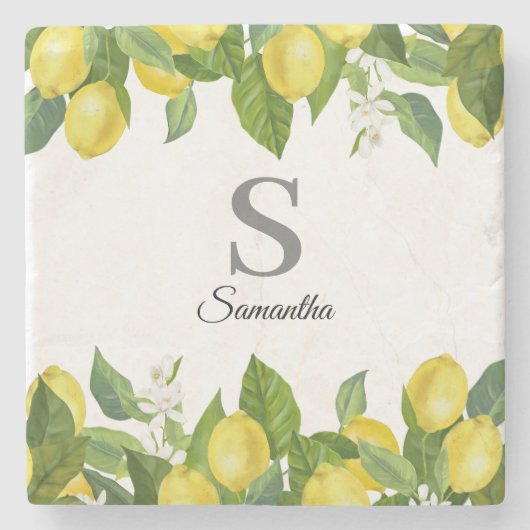 Lemon Citrus Monogram Name Steinuntersetzer (Vorderseite)