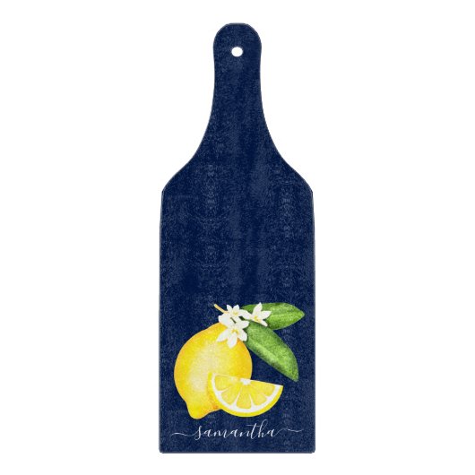 Lemon Citrus Monogram Navy Blue Schneidebrett (Vorderseite)