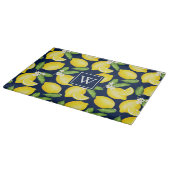Lemon Citrus Muster Monogram Navy Blue Schneidebrett (Ecke)