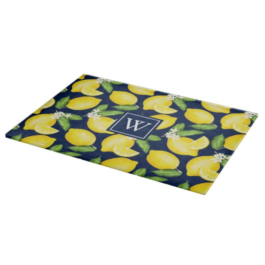 Lemon Citrus Muster Monogram Navy Blue Schneidebrett (Ecke)